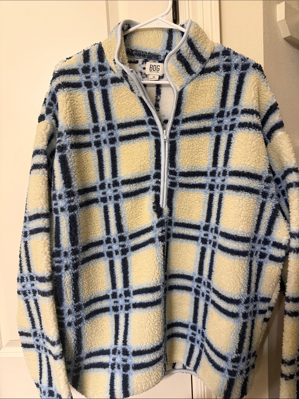 BDG Cream & Blue Plaid Sherpa Quarter-Zip Jacket